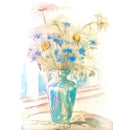Summer fragrance.  Watercolor painting. Beautiful bouquet of flowers. Daisies and cornflowers in a blue vase. Artistic decoration Royalty Free Stock Photo