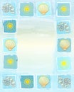 Summer frame background with suns, shells and scallops in square