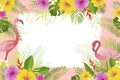 Summer frame with flamingo, palm leaves and tropical flowers. Vector floral banner template. Royalty Free Stock Photo