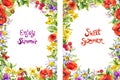 Summer frames for 5x7 floral flyers with summer text. Bright flowers, meadow grass, butterflies, bees. Watercolour