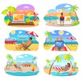 Summer Freelance Distant Work Colorful Posters Set