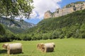 Summer French landscape. Vercors mountain range. Round haystacks and mountains Royalty Free Stock Photo