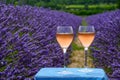 Summer in French Provence, cold gris rose wine from Cotes de Provence and blossoming colorful lavender fields on Valensole plateau
