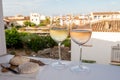 Summer on French Riviera Cote d`Azur, drinking cold rose and white wine from Cotes de Provence on outdoor terrase in Port Grimaud Royalty Free Stock Photo