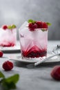 Summer fresh beverage cocktail with fresh raspberries and fresh mint