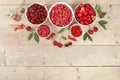 Summer fresh cherries, currants and raspberries on a wooden background with leaves, harvesting in the village, healthy natural