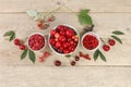 Summer fresh cherries, currants and raspberries on a wooden background with leaves, harvesting in the village, healthy natural