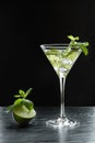 Summer fresh cocktail with lime slices, crushed ice and mint leaves in a martini glass backlit on black background Royalty Free Stock Photo