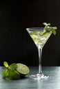 Summer fresh cocktail with lime slices, crushed ice and mint leaves in a martini glass backlit on black background Royalty Free Stock Photo