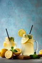 Summer fresh drink with lemons and mint leaves on blue background. Lemonade in jar with straw