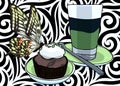 Summer fresh drinks. Summer coffe refresh concept. cake on modern background. Butterfly on sweet