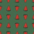 Summer fresh food seamless pattern with doodle red watermelon elements. Green pale background Royalty Free Stock Photo