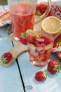 Summer fresh fruit flavored infused water of strawberry and  lemon. Royalty Free Stock Photo