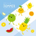 Summer Fresh Fruit Pineapple Watermelon Lemon Orange Cartoon Smile Funny Cute Set Character Vector