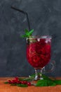 Summer fresh red currant ice tea in glass on dark background. Seasonal vitamins healthy food. Easy homemade recipe photo Royalty Free Stock Photo