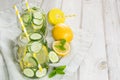 Summer fresh water detox with lemon, cucumber, ice and mint in mason jar on a white wooden background. Rustic. Royalty Free Stock Photo