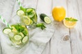 Summer fresh water detox with lemon, cucumber, ice and mint in mason jar on a white wooden background. Rustic. Royalty Free Stock Photo