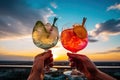 Summer freshness cocktails in hands against sky. Generative AI.