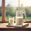 Summer freshness Milk in glass jug and glass on wooden table
