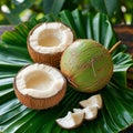 Summer freshness young Thai coconuts with white meat on leaves