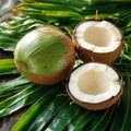 Summer freshness young Thai coconuts with white meat on leaves