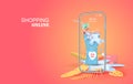 Summer Front Smartphone Sale banner Shopping Online.Creative paper cut and craft style.Mobile Phone market shop.Holiday tropical