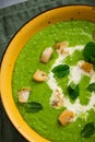 Summer Frsh Pea Cream Soup. Green Healthy Food. Clean Eating Seasonal Vegetables