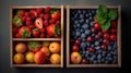 Summer fruit and berry variety. Flat lay of ripe strawberries, cherries, grapes, blueberries, pears, apricots, figs in wooden eco