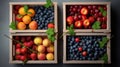 Summer fruit and berry variety. Flat lay of ripe strawberries, cherries, grapes, blueberries, pears, apricots, figs in wooden eco
