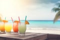 Summer fruit cocktails on the background of the beach in blur. Generative AI Royalty Free Stock Photo