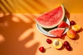 Summer fruit composition with tropical leaves shadows on orange background