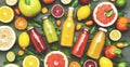 Summer fruit drinks. Citrus juices and smoothies in bottles, food background, top view. Mix of different whole and cut fruits: