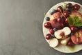 Summer fruit mix - cherry, blueberry, peach. Fruit salad plate. Flat lay with copy space Royalty Free Stock Photo