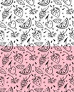 Summer Fruit mix seamless pattern. Hand drawn ink brush line, doodle cute design, outline black contour. Strawberry Royalty Free Stock Photo