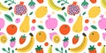Summer fruit pattern, cute cartoon doodles, fresh tropical fruit mix, colorful background, seamless vector ornament Royalty Free Stock Photo