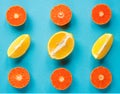 Summer fruit pattern of fresh citruses on a blue background. Concept orange and lemon.