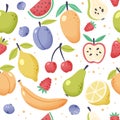 Summer fruit pattern. Fresh tropical and garden fruits doodle, organic biological vegan food. Cute cartoon vector