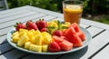 Summer Fruit Plate with Tea: Strawberries Pineapple Watermelon Royalty Free Stock Photo
