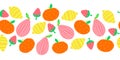 Summer Fruit seamless vector border. Abstract pear apple lemon strawberry repeating horizontal pattern cute bright colorful . For