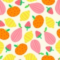 Summer Fruit seamless vector pattern. Abstract pear apple lemon strawberry repeating background cute bright colorful . For summer