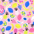 Summer fruit seamless vector pattern blue white yellow pink. Repeating cute exotic bright colorful background Scandinavian style. Royalty Free Stock Photo