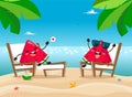 Funny pieces of watermelon relaxing on chairs on the loungers on the beach in a cartoon style. Vector illustration on white backgr