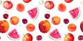 Summer fruits - apricot, peach, cherry, watermelon. Seamless food background. Watercolor Royalty Free Stock Photo