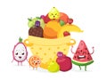 Summer fruits in basket, vector illustration. Funny cartoon characters with smiling faces, friendly mascots. Slice of