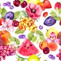 Summer fruits, berries and flowers. Seamless food pattern. Watercolor Royalty Free Stock Photo