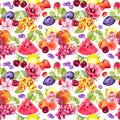 Summer fruits, berries and flowers. Seamless food pattern. Watercolor Royalty Free Stock Photo