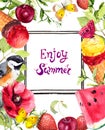 Summer fruits, berries, icecream, flowers, bird and butterflies. Watercolor card with lettering note Enjoy summer