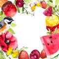 Summer fruits, berries, icecream, flowers, bird, butterflies. Watercolor square card with ripe cherry, fresh strawberry