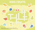 Summer fruits crossword. Educational crossword kids game with lemon, apple, grape and orange fruits vector illustration