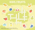 Summer fruits crossword. Educational crossword kids game with lemon, apple, grape and orange fruits vector illustration. Fruits